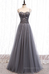 Sweetheart Neck Grey Sequins Tulle Long Prom Dress, Grey Sequins Formal Evening Dress