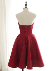 Sweetheart Neck Short Burgundy Lace Prom Dresses, Short Wine Red Lace Formal Evening Dresses