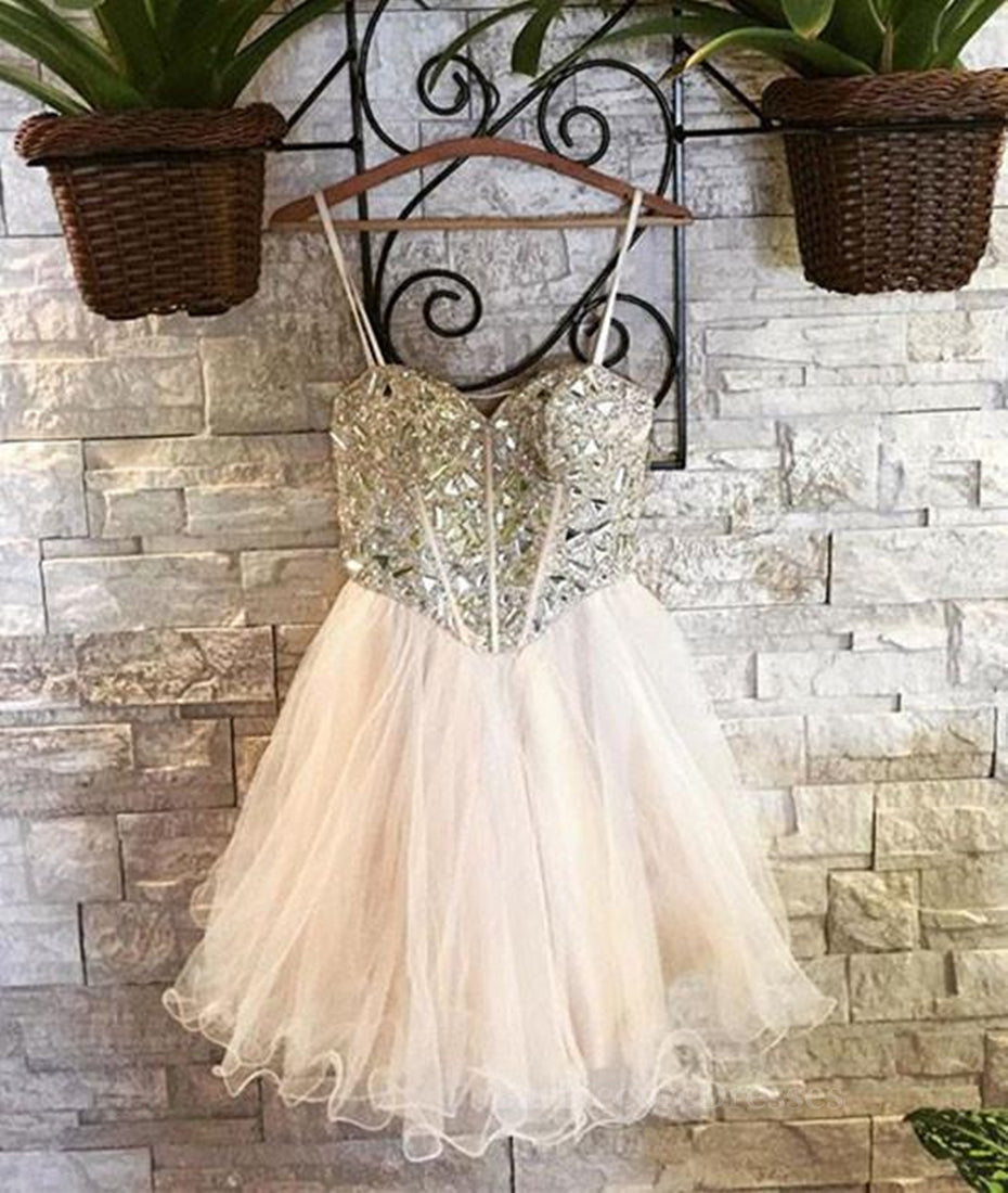 Sweetheart Neck Spaghetti Straps Tulle Champagne Homecoming Dresses, Champagne Short Prom Dresses, Graduation Dresses, Evening Dresses