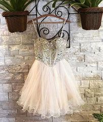 Sweetheart Neck Spaghetti Straps Tulle Champagne Homecoming Dresses, Champagne Short Prom Dresses, Graduation Dresses, Evening Dresses