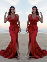 Trumpet/Mermaid Halter Sweep Train Silk like Satin Prom Dresses With Leg Slit