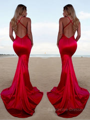 Trumpet/Mermaid Halter Sweep Train Silk like Satin Prom Dresses With Leg Slit