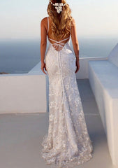 Trumpet Mermaid Spaghetti Straps Court Train Lace Prom Dress