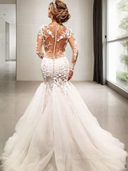 Trumpet/Mermaid V-neck Court Train Tulle Wedding Dresses With Appliques Lace