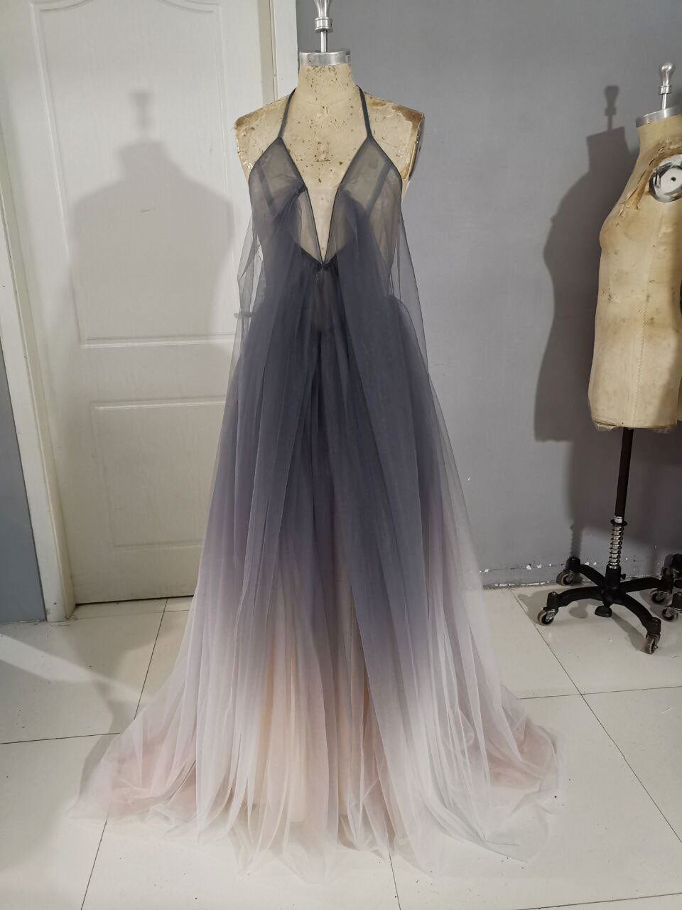 Unique A line V Neck Tulle Long Prom Dress, Tulle Evening Dress