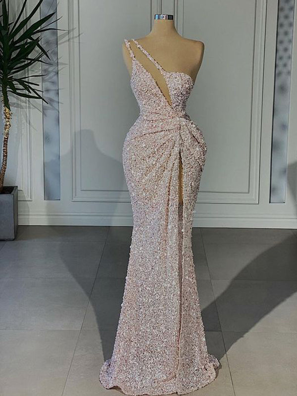 Unique Mermaid One Shoulder High Slit Cheap Long Prom Dresses