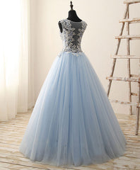 Unique Round Neck Tulle Lace Long Prom Dress, Long Evening Dress