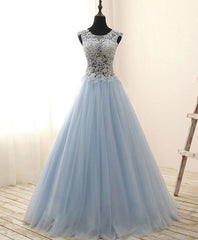 Unique Round Neck Tulle Lace Long Prom Dress, Long Evening Dress