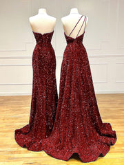 Unique Velvet Sequin Mermaid Burgundy Long Prom Dress, Burgundy Formal Evening Dress