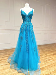 V Neck Backless Blue Lace Long Prom Dresses, Open Back Blue Lace Long Formal Evening Dresses