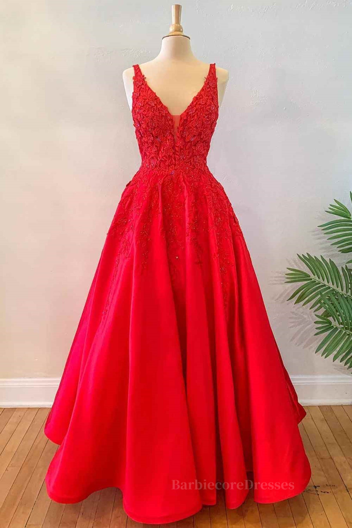 V Neck Open Back Red Lace Long Prom Dress, Red Lace Formal Dress, Beaded Red Evening Dress