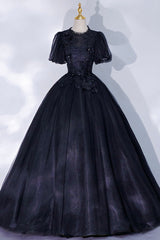 Black Tulle Lace Long A-Line Prom Dress, A-Line Short Sleeve Evening Gown