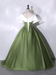 White+Green Satin Floor Length Prom Dress, V-Neck Off the Shoulder Evening Dress