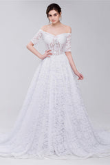 White Lace Off The Shoulder Short Sleeve Corset Wedding Dresses