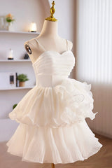 White Spaghetti Strap Tulle Short Prom Dress, White A-Line Homecoming Dress