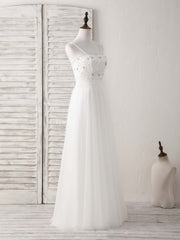 White Sweetheart Neck Tulle Beads Long Prom Dress White Evening Dress