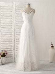 White V Neck Tulle Lace Long Prom Dress White Evening Dress