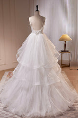 White V-Neck Tulle Long Prom Dress, A-Line Evening Dress with Train