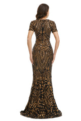 Short Sleeves Sequins A-Line Formal Evening Dress