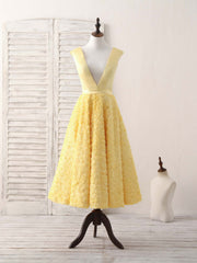 Yellow V Neck 3D Lace Tea Long Prom Dress, Yellow Evening Dress