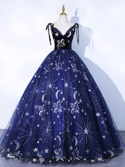 Navy Blue Tulle Long Prom Dress, Spaghetti Straps Lace Flower Backless Evening Dress