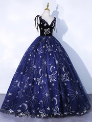 Navy Blue Tulle Long Prom Dress, Spaghetti Straps Lace Flower Backless Evening Dress