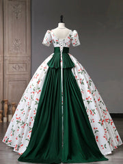 Beautiful Cherry Pattern Long Princess Prom Dress, White A-Line Short Sleeve Evening Party Dress